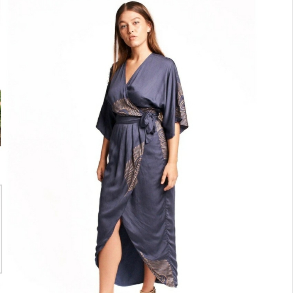 Navy and Gold Feather Maxi Wrap Dress